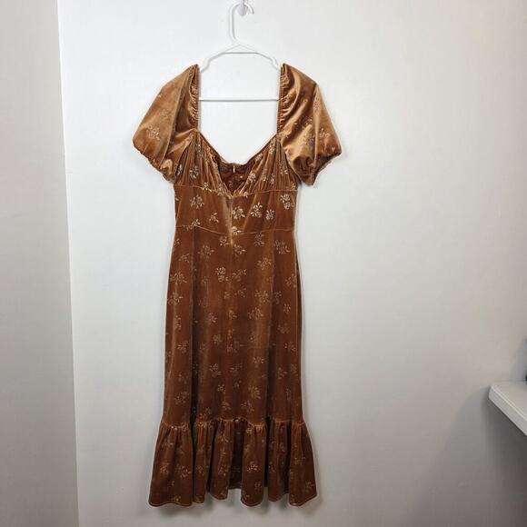 Lait Collection Orange Velvet Brielle Square Neckline Floral Midi Dress Large - Picture 4 of 8